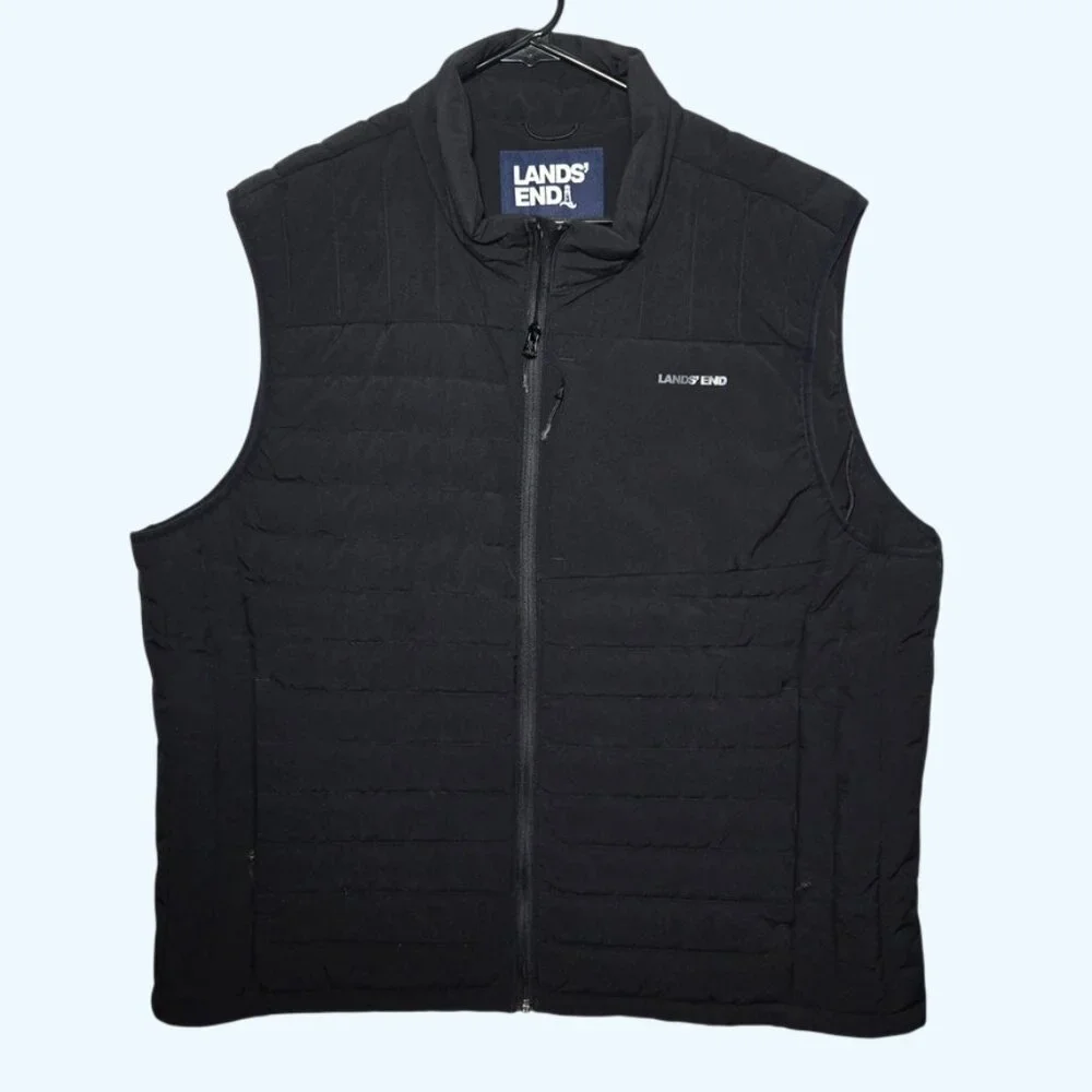 Lands End Mens Black Down Feathers Puffer Vest Full Zip Quilted XXL 50-52
